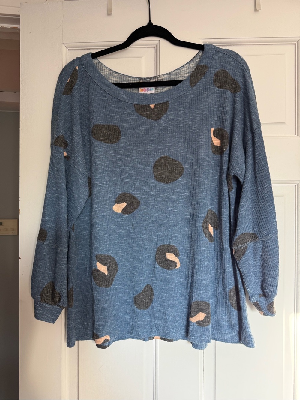 LuLaRoe Waffle Knit Tunic in Dusty Blue with Charcoal and Blush Spots